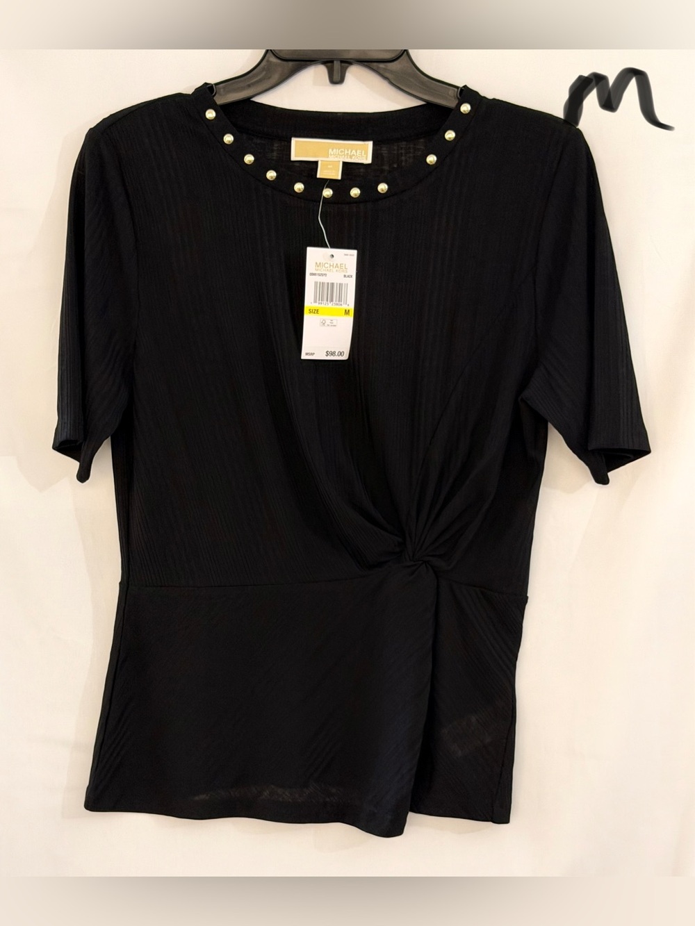 MICHAEL Michael Kors Black Short-Sleeve Twist-Waist Top with Studded Neckline